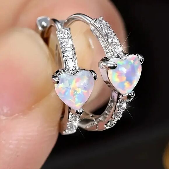 Elegant Heart Shape Opal Silver Hoop Earrings Round Huggie Crystal Detail Classc - Picture 1 of 6